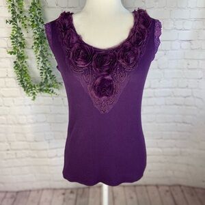 PURPLE Chiffon Rose Ribbed Tank M NWOT